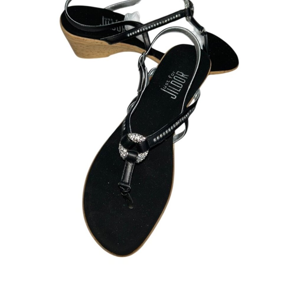 Jildor worn once blk rhinsetone bejeweled rubber cork-look sandal heels COMFY 9